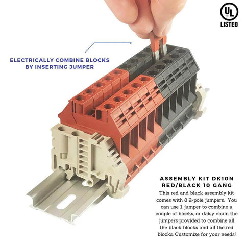 10 Gang DIN Rail Terminal Block Assembly Kit With Jumpers Red And Black For Solar And Power Distribution