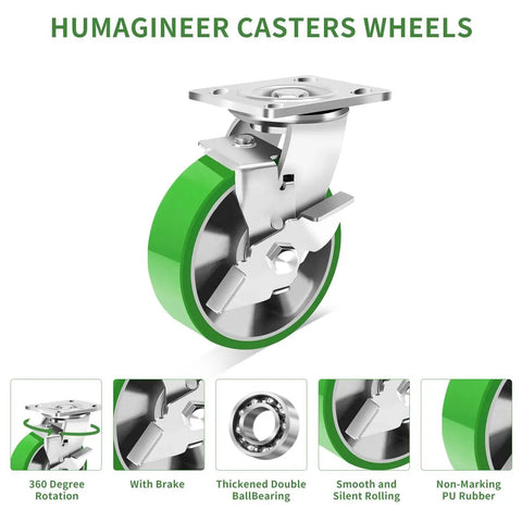 Industrial Swivel Casters With Brake 6 Inch Heavy Duty Caster Set Of 4 With Maintenance Free Aluminum Core PU Wheels Each Caster Supports 1250 Lbs Or 5000 Lbs For The Set Durable Industrial Equipment Casters For Heavy Loads front view