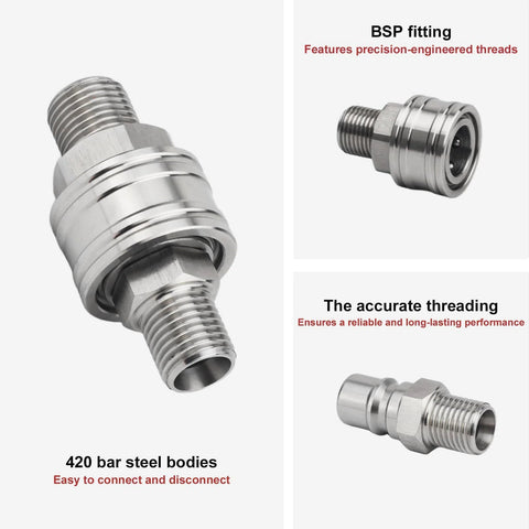Joytrace M16-M14 dual-channel hydraulic adapter, stainless steel with knurled collar and threaded ends.

BSP fitting for Joytrace hydraulic adapter, stainless steel with precision threads.

M16 to M14 hydraulic adapter end with hex body, stainless steel.
