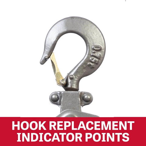 Close-up of hook on Three Quarter Ton Lever Hoist With 10 Ft Lift JLP-075A-10 showing wear indicator and stretch indicator.