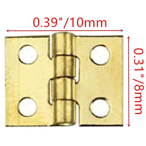 Close-up view of a mini brass hinge with dimensions, part of 50Pcs Mini Brass Hinges Set With Mounting Nails, 180 Degree Rotation, Gold Tone.