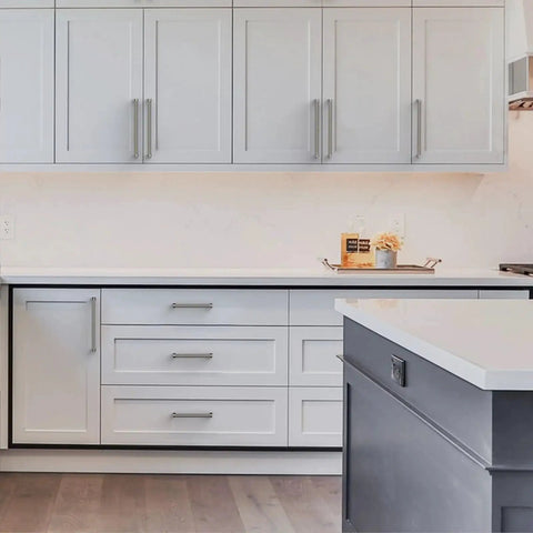 Modern kitchen with white cabinets featuring 10 Pack Brushed Satin Nickel Knurled Cabinet Pulls With 5 Inch Hole Centers For Kitchen Cabinets