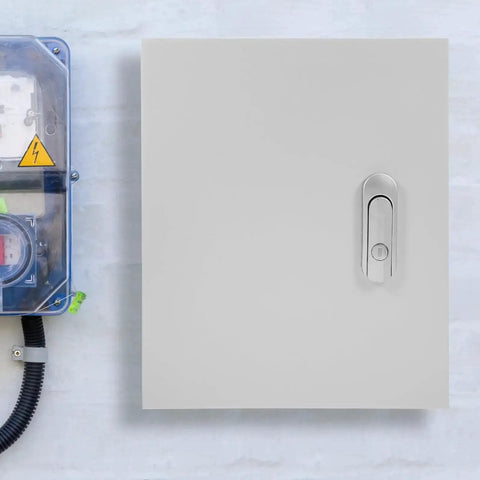 Pro Grade Outdoor Plastic Power Distribution Box With Vertical Control Cabinet 25x30x14cm on a white wall