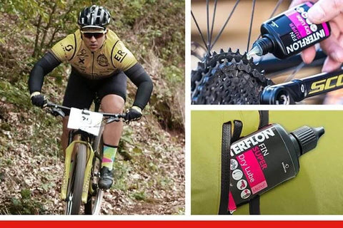 Cyclist using a Multipurpose Dry Film Lubricant With Long Lasting Penetrating Action For Indoor And Outdoor Use on bike chain