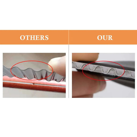 Comparison image showing blade detail of Crinkle Cutter Wavy Slicer For Fries And Veggies HTBMALL 430 Stainless Steel Knife With ABS Safe Handle
