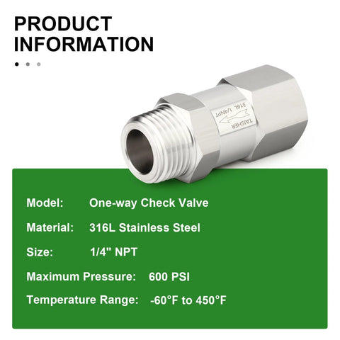One-way check valve, 316L stainless steel, 1/4 NPT male to 1/4 NPT female, backflow prevention