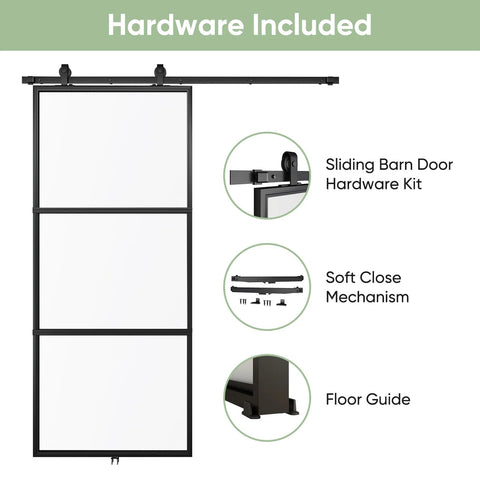 34x84 Inch Frosted Glass Barn Door With Black Carbon Steel Frame Top Mounted Hardware Kit displayed with components