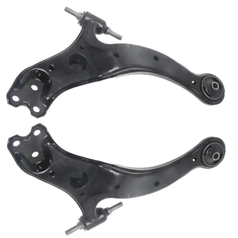 Front view: pair of lower control arms for Toyota Avalon/Sienna/Solara; black metal, 2-piece suspension kit.