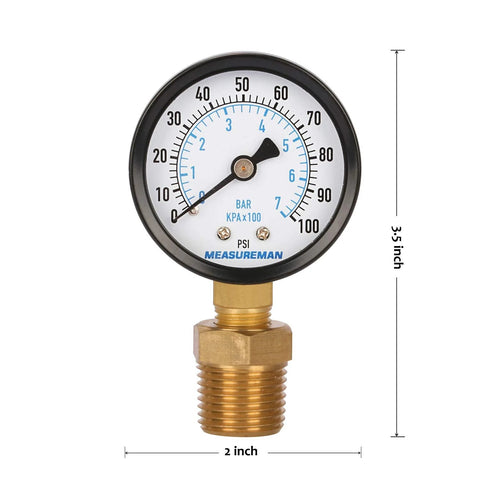 Measureman 2-inch well pump pressure gauge with brass adapter, 0-100 psi and BAR scale, 1/4 in NPT male with 1/2 in adaptor