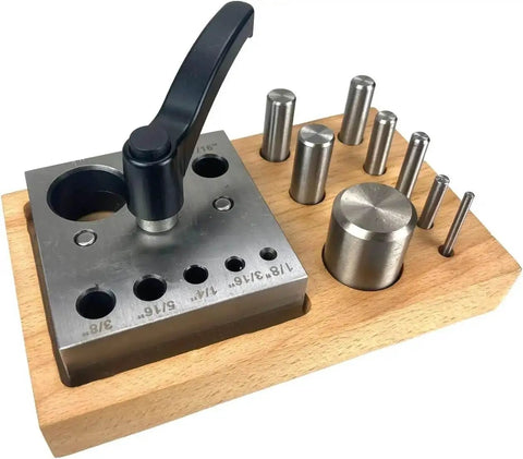 Eight Piece Disc Cutter Set For Quick Circle Cutting With Lever Clamp One Eighth Inch To One Inch Sizes Handles Up To Fourteen Gauge Non Ferrous Metal Pro Grade Cutting Tool With Sturdy Wooden Base Storage on display