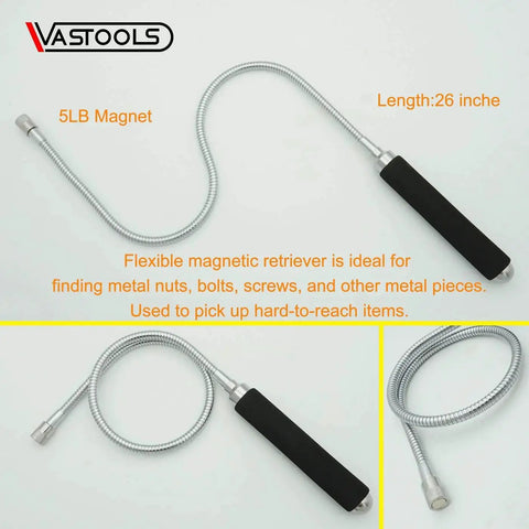 Flexible Magnetic Pickup Tool Set With 5 Lb And 10 Lb Magnetic Strength 26 Inch Bendable Extension For Reaching Hard To Reach Items Heavy Duty Magnetic Grabber For Cars Shop Garage And Home Projects, shown with 26 inch bendable design.