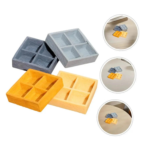 Assorted color 4 Piece Miniature Storage Box for Dollhouse Resin Four Grid Organizer for Candy and Nuts, shown on a table.