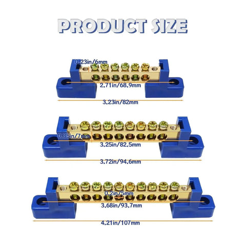 Product size of Six Piece Grounding Bus Bar Kit with brass terminal blocks, M4 screws, and 40A rating