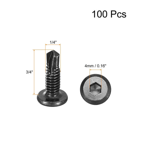 Hex Socket Self Tapping Screws 1/4 x 3/4 Inches, 410 Stainless Steel Flat Head Self Drilling Screws For Wood And Sheet Metal, Black Oxide Finish, 100 Pieces