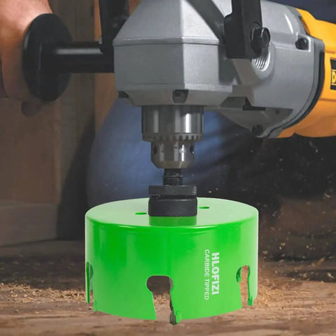 Carbide Tipped Hole Saw 6-1/8 Inch Multi Material Cutter for Recessed Lighting With Arbor used on hardwood surface