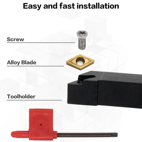 Components of 21 Piece Lathe Tool Kit With Indexable Carbide Turning Tools For Turning Grooving Threading And Boring Half Inch And Twelve Millimeter Shank Includes Seven Tool Holders And Fourteen Carbide Inserts, including a screw, alloy blade, and toolholder.