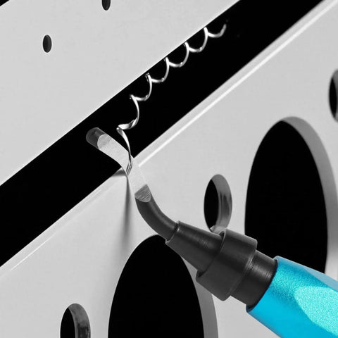 Deburring Tool Set With 11 High Speed Steel Swivel Blades For Metal Resin PVC Copper Aluminum And Plastic 3D Printing Burr Removal Blades Easy Edge Smoothing Pro Grade Deburring Kit For DIY Pros Pipes Edges And Parts being used on a metal sheet