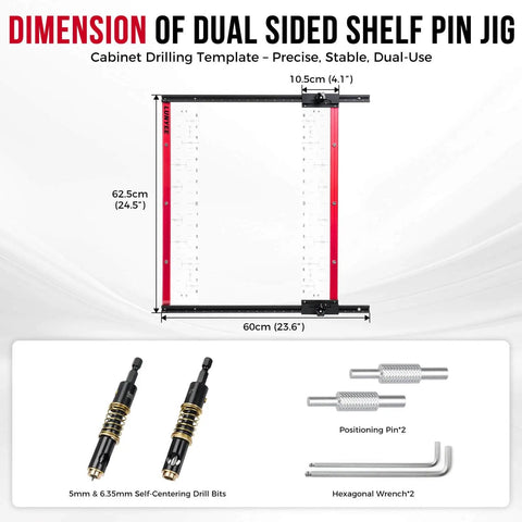 Pro Grade Shelf Pin Jig With Self Centering Drill Bits For One Quarter Inch And Five Millimeter Pins, Fits 32mm System, Adjustable Cabinet Hole Drilling Template With Seventeen Hole Rows For Accurate Woodworking shown with dimensions and components.