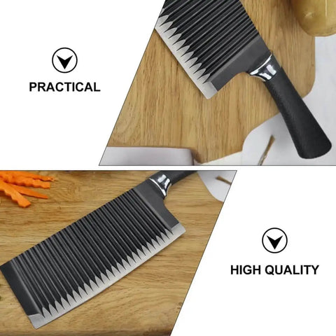 Stainless Steel Crinkle Potato Cutter And Wavy Vegetable Slicer Kitchen Chopper for French Fries and Scalloped Potatoes on cutting board
