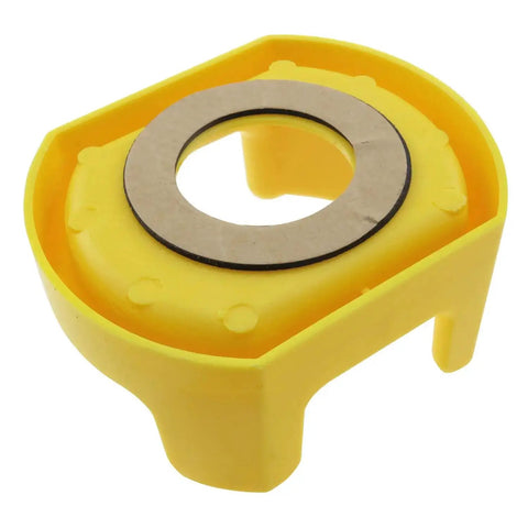 Yellow 30mm push switch button protective cover for emergency stop with warning circle, large plastic guard, tough PC material.