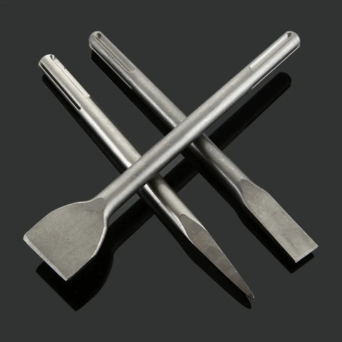 Beefy 6 Piece SDS Max Hammer Drill Chisel Set For Masonry And Concrete, 11 Inch Length, Includes 50mm Wide Chisel, 25mm Flat Chisel, And Point Chisel, 3/4 Inch Shank, Chromium Vanadium Steel Construction For Heavy Duty Rotary Hammer Use on black background.