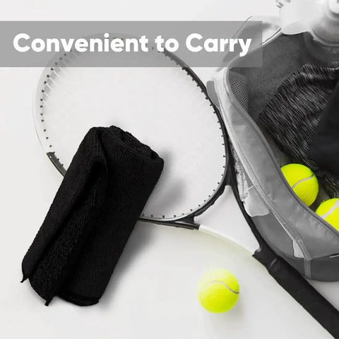 Black Microfiber Washcloths 24 Pack 12x12 Inches For Makeup Removal And Spa next to tennis racket and balls