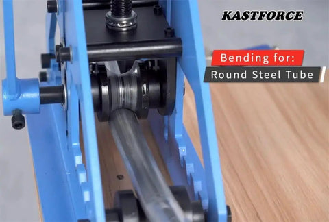 Tube Roller Bender Beast With 6 Interchangeable Dies bending round steel tube, showing machine in action with close-up on die mechanism