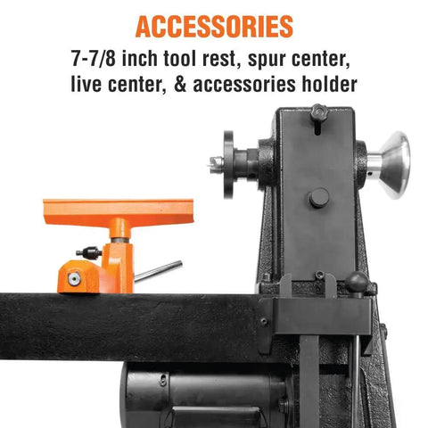 Accessories of Powerful Benchtop Wood Lathe With 4.5 Amp Motor And 12 By 18 Inch Capacity showing tool rest and spur center