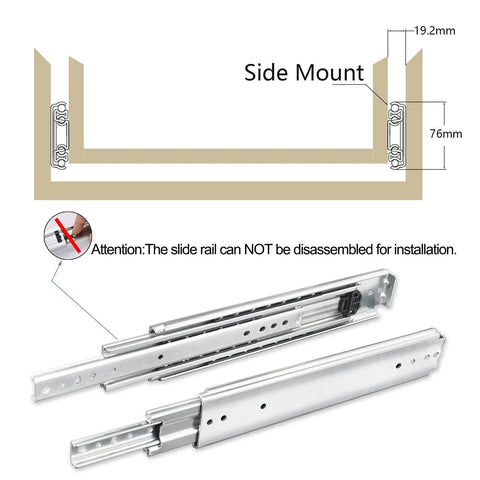 40 Inch Heavy Duty Drawer Slides Set With Screws, 500 Lb Capacity, Side Mount Full Extension, 3 Fold Ball Bearing Rails, diagram