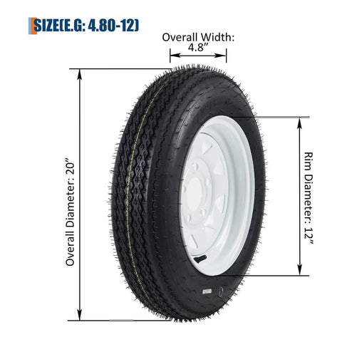 Beefed Up Heavy Duty Trailer Tire And Wheel Assembly Set Of 2 With 4.80-12 Bias Ply Tires Load Range C 6PR 12 Inch White Spoke Wheels