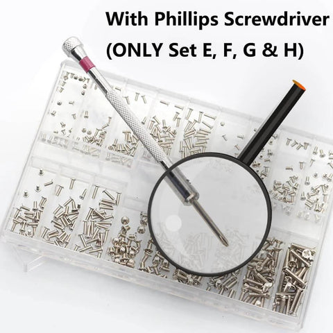 Close-up of 500Pcs Standard M4 High Hardness Wood Screws Assortment Kit with Phillips screwdriver, flat head, 20 sizes visible.