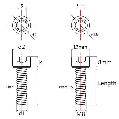 Technical diagram of Titanium M8x30mm Hex Socket Head Bolts Set Of 4 With 1.25mm Pitch DIN 912 Grade 5 6AL4V Titanium Alloy.
