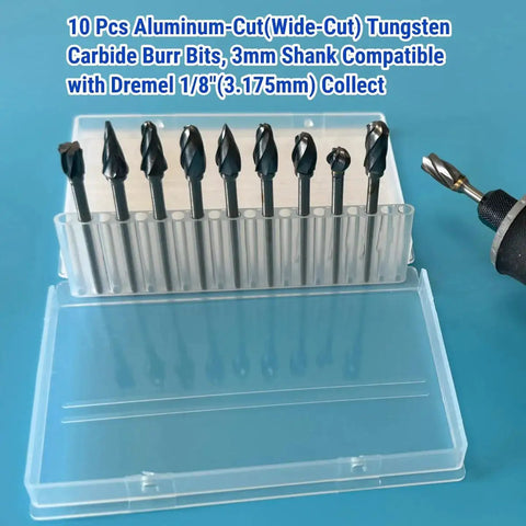 Carbide Burr Set For Dremel One Eighth Inch Shank Wide Flute Aluminum Cut Rotary Tool Bits, 10 Pcs, With Durable Case
