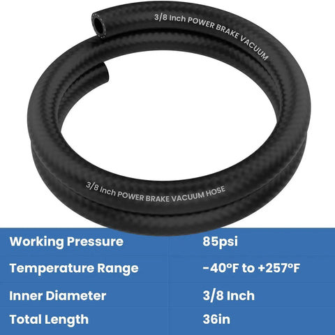Coiled 3/8 Inch power brake vacuum hose, 85 PSI, black nitrile rubber, displayed with specs chart for rock solid braking performance.