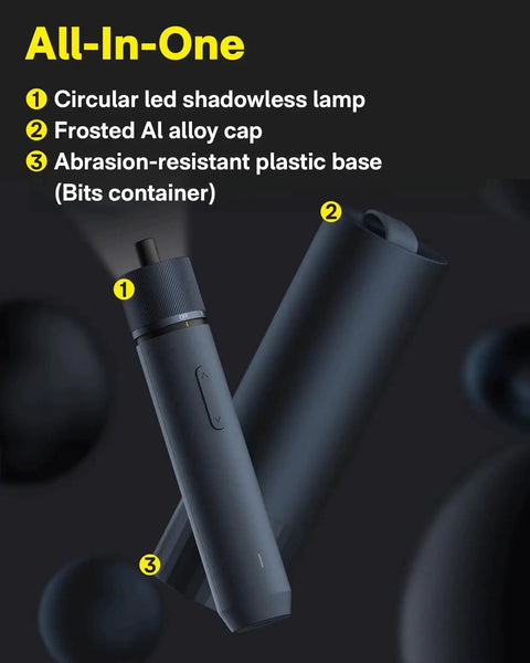 Cordless Electric Screwdriver Kit With USB C Charge, frosted alloy cap, shadowless LED lamp, plastic base bit holder