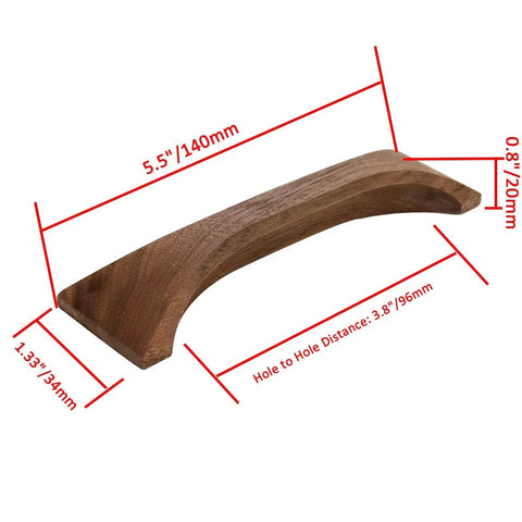 Walnut Wood Finger Pull Handles For Drawers 3.8 Inch Hole Distance, solid walnut drawer pull with measurements, natural smooth finish.