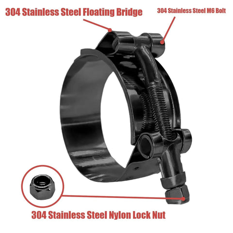 Side view of Four Pack 1.5 Inch TBolt Hose Clamps 44 To 50mm Stainless Steel 300 Series Black Bolt Clamp with M6 bolt and lock nut