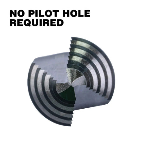 Close-up of double-fluted M2 HSS Quick Change Step Drill Bits Set, showing no pilot hole required feature.