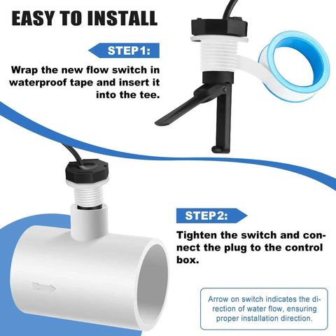 Installation steps for flow switch for Hayward Goldline Aquarite Salt Systems with 15 foot cable, showing connection process.