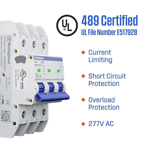 UL 489 AC Miniature Circuit Breaker 5 Amp 3 Pole D Curve 480Y 277V AC 10kA SCCR Thermal Magnetic Trip DIN Rail White WMBB3D05-1