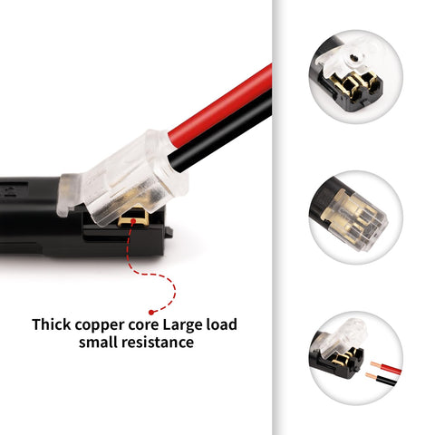 Two-pin quick-splice wire connector with clear housing on red and black wires; copper contacts visible for 12V lighting