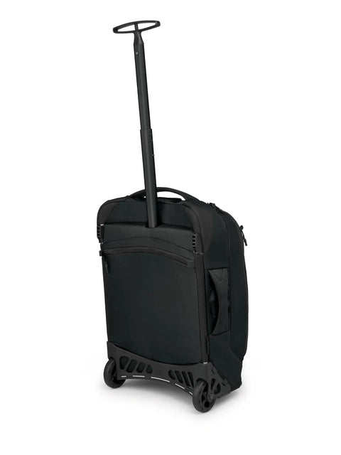 Back view of Ozone 2-Wheel Carry-On Luggage With Oversized Wheels And Telescoping Handle From Osprey, showing extended handle and wheels.