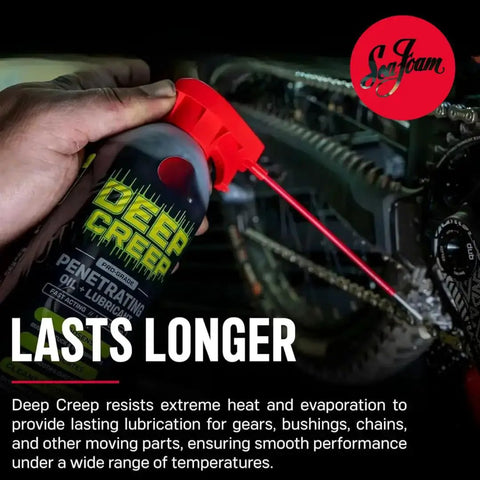 Close-up of Deep Creep Penetrating Lubricant 12 Oz Spray For Automotive Marine Industrial Tools in use on machinery chain.
