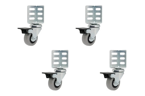 Non-marking rubber corner casters with metal brackets for hardwood, tile, and laminate floors. Set of four casters.