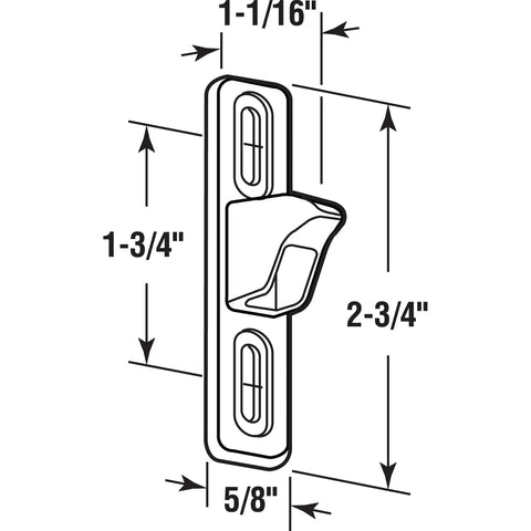 Illustration of Sliding Door Keeper Half Inch Wide Chrome Plated Diecast, Universal Fit with dimensions labeled in inches