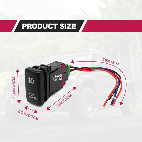 LED Fog Light Symbol Push Button Switch With White Backlit On Off Kit Connector Wire Included Rugged ABS Rocker size diagram