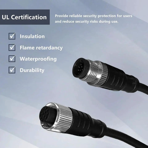 M12 12 Pin A Code Connector Cable Male To Female IP67 Waterproof Industrial Extension Wire 30V 1.5A with UL certification