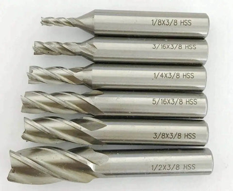 Center Cutting End Mill Set 6pc High Speed Steel 4 Flute Single End With 3/8 Inch Shank And Plastic Stand Includes 1/8, 3/16, 1/4, 5/16, 3/8, 1/2 Inch Mills For Precision Milling In Metal Wood And Plastic