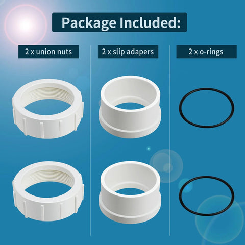 PKG188 Half Union adapters: 2 white union nuts, 2 slip adapters, and 2 black O-rings for pool plumbing.