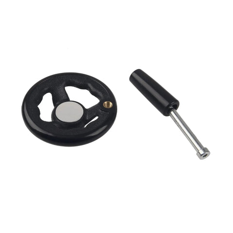 Round Hand Wheel With Revolving Knob For Milling Machines Drill Press Lathe, black wheel and separate knob, plain background.